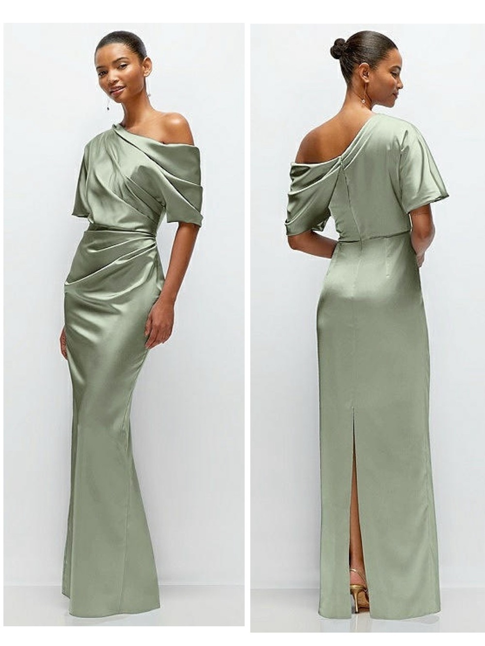 Elegant One-Shoulder Sage Satin Evening Dress